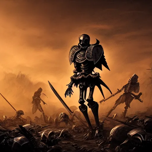 Image similar to in the style dnd a skeleton knight in black full plate armor standing on the battlefield surrounded by dead bodies, golden hour, shallow depth of field, moody lighting, 8 k, concept art,