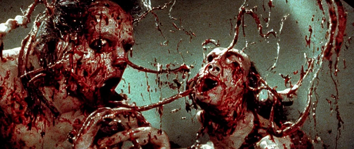 Image similar to filmic extreme wide shot dutch angle movie still 35mm film color photograph of a doctor getting his both his eyeballs pulled out by dangerous alien worms coming from off camera, blood splattering, in the style of The Thing 1982 horror film