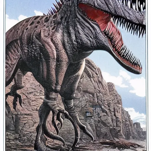 Prompt: a realistic dinosaur concept art, by william stout and wayne barlowe