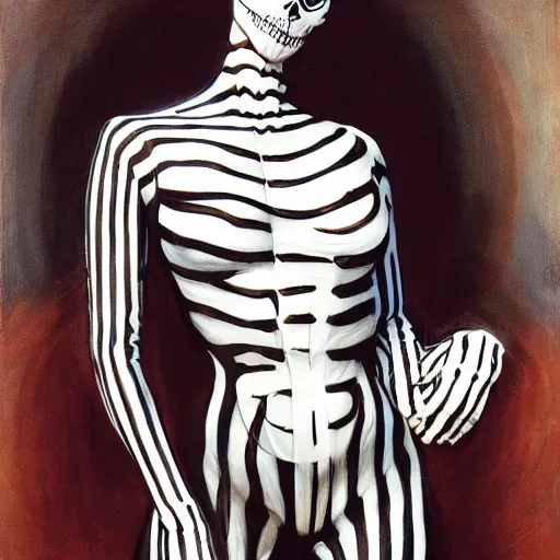 Prompt: portrait of a woman, wearing a skeleton catsuit, by alex ross and berthold woltze.