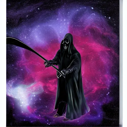 Image similar to the grim reaper holding a scythe doing skateboard tricks through a nebula, detailed, featured