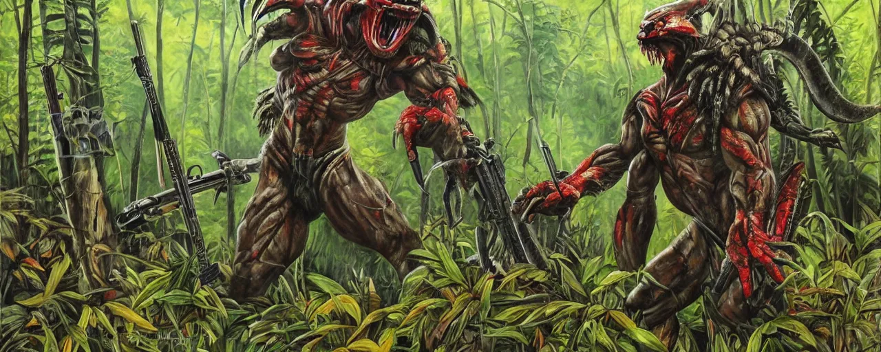 Image similar to the predator roaming the jungle with a rifle, red eyes, as painted by Donald McAlpine