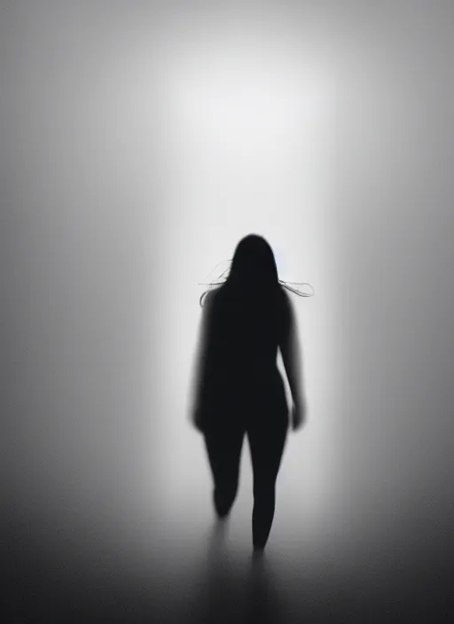 Prompt: a female silhouette walking, white glowing aura, out of body, fog, film grain, cinematic lighting, astral projection