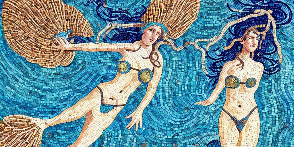 Prompt: ancient roman mosaic of bluehair mermaid with a shell bikini on sea floor, illustration by moebius, victo ngai, clean thick line, mosaic style