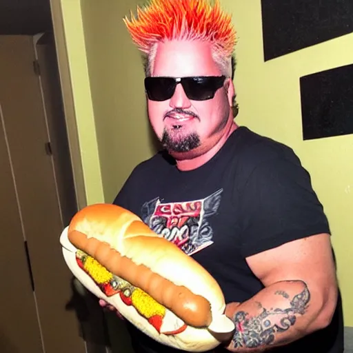 Prompt: lean, cut guy fieri poses with a huge hot dog in a dim hallway. he is very fit