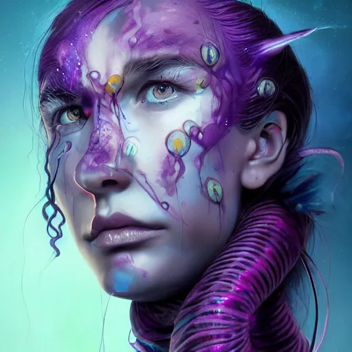 Image similar to detailed photo portrait of a furious teen girl with thin, hair-like purple tentacles on her head and bright purple eyes, 8k,by tristan eaton, Stanley Artgermm,Tom Bagshaw,Greg Rutkowski,Carne Griffiths,trending on DeviantArt, face enhance,hyper detailed ,full of colour, dramatic lightning