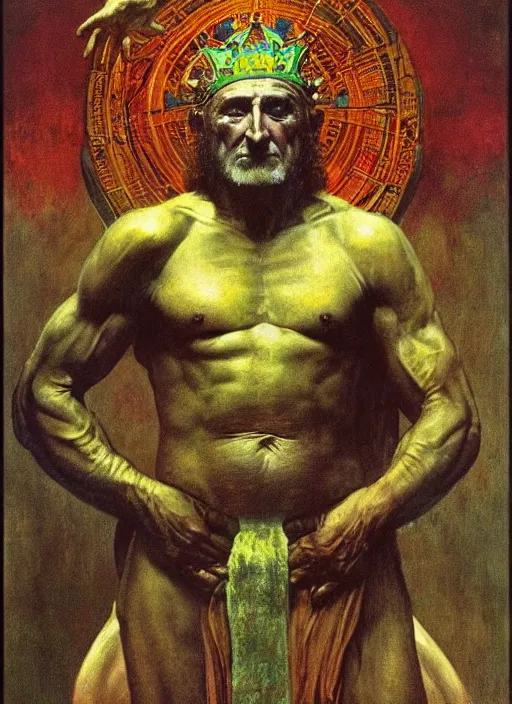 Image similar to upper body and head portrait of dennis hopper dorian yates hybrid as god wearing robes and a crown, by lawrence alma tadema and zdzislaw beksinski and norman rockwell and jack kirby and tom lovell and greg staples