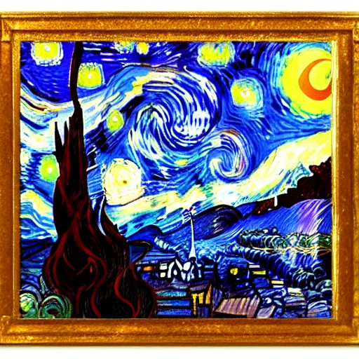 Prompt: van gogh's masterpiece, starry night. a silhouette of a girl with an umbrella is flying across the sky. cinematic composition. in the artstation trend. beautiful lighting, ultra - detailed. 4 k