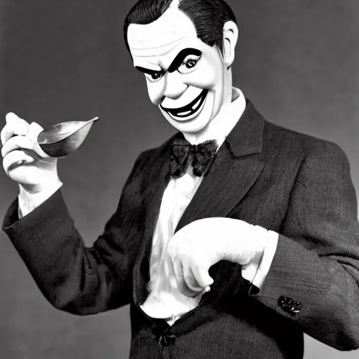 Prompt: slappy the dummy digging with a spoon in his hand, 8k photo