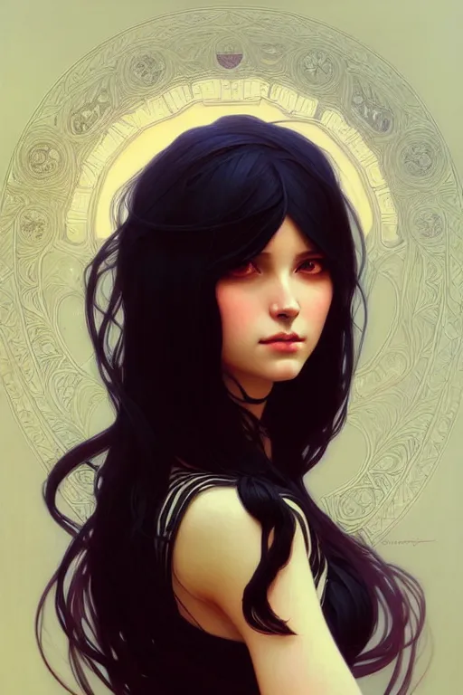 Prompt: a beautiful girl with long black hair, fantasy, portrait, sharp focus, intricate, elegant, digital painting, artstation, matte, highly detailed, concept art, illustration, ambient lighting, art by ilya kuvshinov, artgerm, Alphonse mucha, and Greg Rutkowski