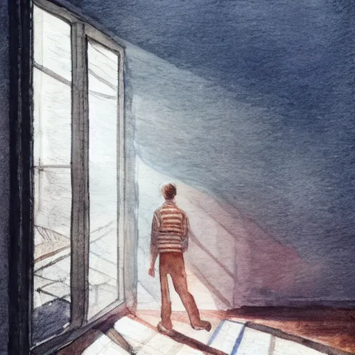 Image similar to person in pyjamas standing near window, sun rays, daylight, big french door window, big spatious room, 2 4 mm, wooden floor, modern, pastel palette, winter sun, photorealistic, high ceiling, watercolor painting