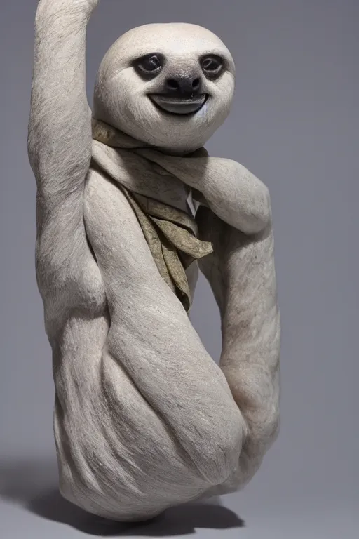 Prompt: white marble sculpture of a sloth wearing a tie, medium format film color photography