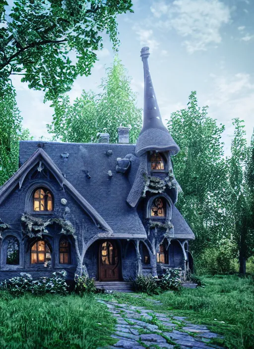 Image similar to hyper realistic homely ornate witch cottage architectural, in the woods gorgeous lighting, blue sky, highly detailed, lush forest architectural render, octane render, ue 5 raytraced