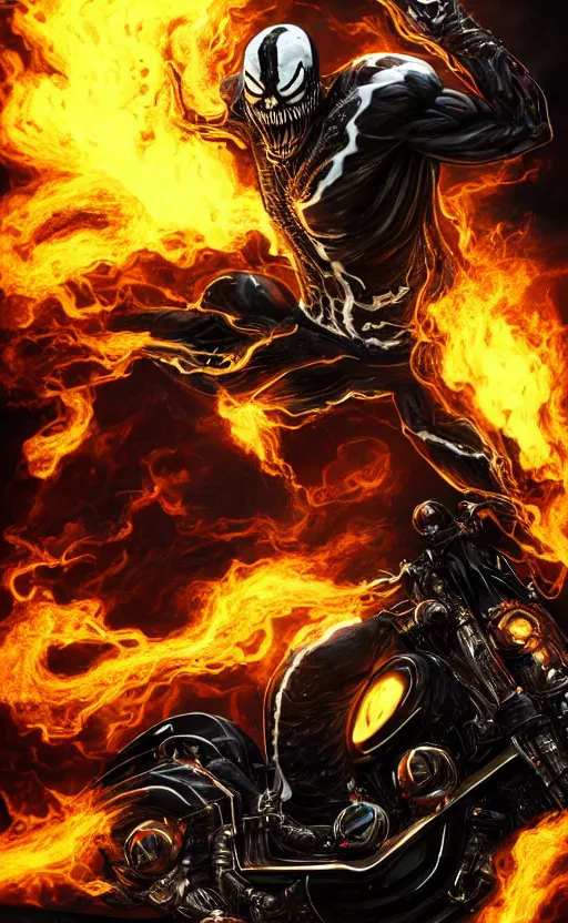 Image similar to venom as ghost rider on a motorcycle, dynamic lighting, photorealistic fantasy concept art, trending on art station, stunning visuals, terrifying, creative, cinematic