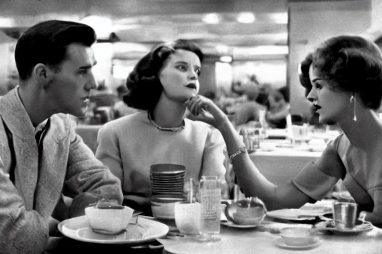 Prompt: beautiful couple arguing in a New York diner 1959s, by Roger Deakins