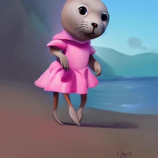 Image similar to a concept art of a sappy seal, happy, dressed in a pink dress, golden hour, beautiful, artstation trending, matte painting, 8 k