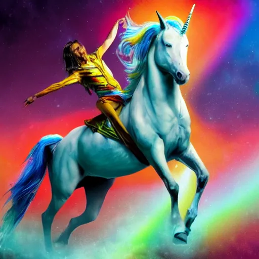 Prompt: brad pitt riding a colourful unicorn, fantasy art, 8 k, high resolution, trending