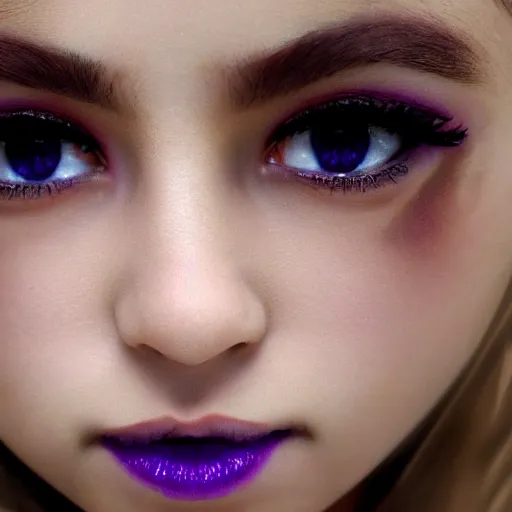 Image similar to Pale-skinned Persian girl, black hime cut, purple eyes, mysterious girl, close up, photograph