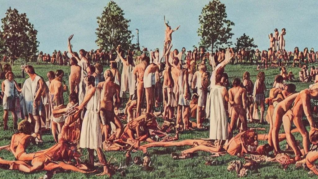 Image similar to A vintage scientific illustration from the 1970s of a Swedish cult performing a human sacrifice to the gods during the midsummer festival in Sweden in the summer on the meadows by Wes Anderson