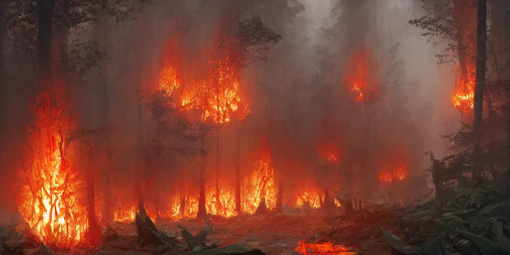 Image similar to A flaming forest , flaming leaves,Magma,flame stones are scattered, flame ferns, flame shrubs, huge flame Fantasy plant,covered in flame porcelain vine, artstation,by Jakub Rozalski, Greg Rutkowski,anthony avon