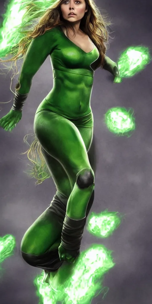 Image similar to Photorealistic art of Elizabeth Olsen as shehulk, full body, action shot, high definition, cinematic, realistic