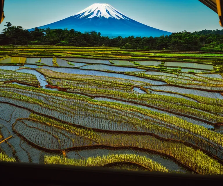 Image similar to a photo of mount fuji, japanese landscape, rice paddies, seen from a window of a train. cinematic lighting.