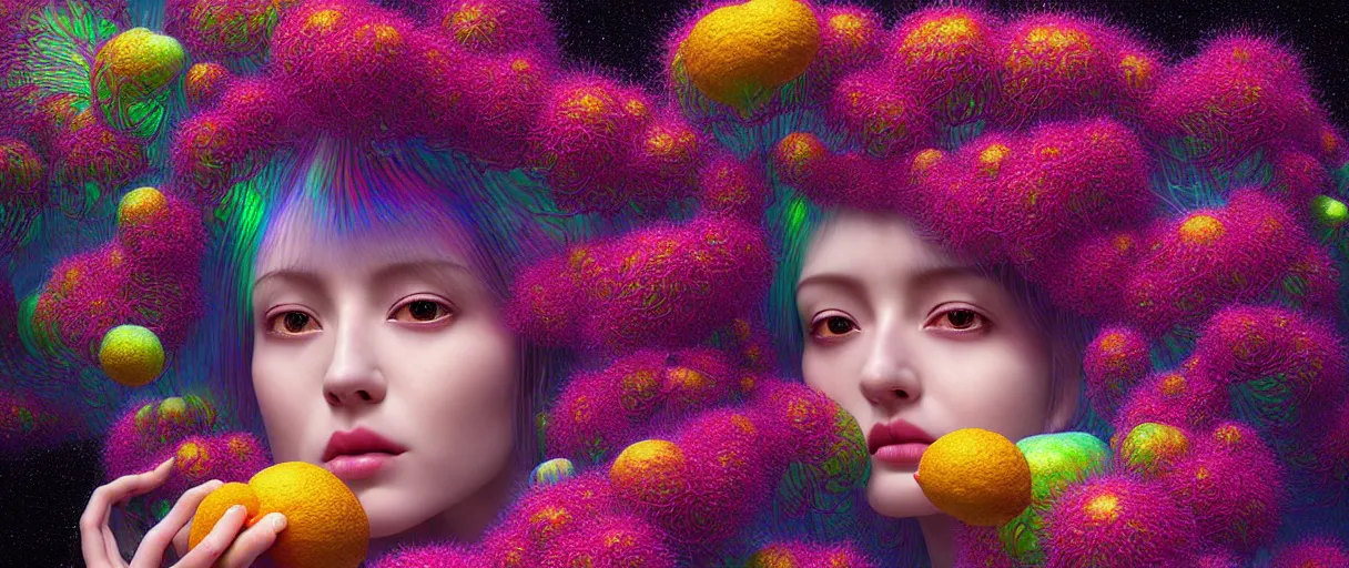 Prompt: hyper detailed 3d render like a Oil painting - kawaii portrait Aurora (electric haired lounging fae) seen Eating of the Strangling network of yellowcake aerochrome and milky Fruit and Her delicate Hands hold of gossamer polyp blossoms bring iridescent fungal flowers whose spores black the foolish stars by Jacek Yerka, Mariusz Lewandowski, Houdini algorithmic generative render, Abstract brush strokes, Masterpiece, Edward Hopper and James Gilleard, Zdzislaw Beksinski, Mark Ryden, Wolfgang Lettl, hints of Yayoi Kasuma, octane render, 8k