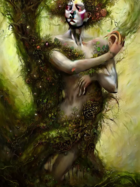 Prompt: Full View Portrait Mystical ethereal Forest deity wearing beautiful dress, vines tree bark moss Dryad made of forest beautiful dress, 4k digital masterpiece by Craig Mullins and Ruan Jia and Tom bagshaw, Alberto Seveso, fantasycore, Hyperdetailed, realistic oil on linen, soft lighting, kush background, featured on Artstation, textured, stylized, intricate details