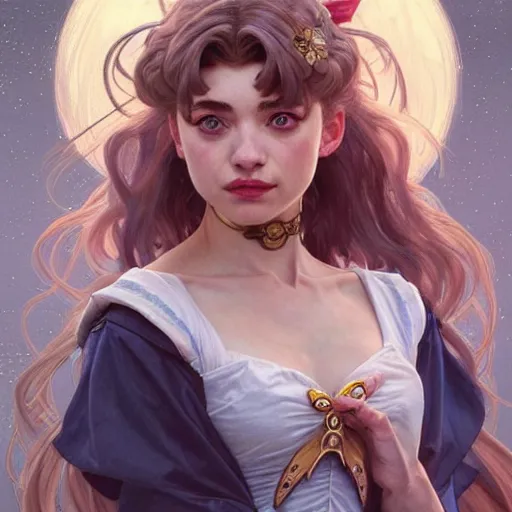 Prompt: Imogen Poots as Sailor Moon, western, D&D, fantasy, intricate, elegant, highly detailed, digital painting, artstation, concept art, matte, sharp focus, illustration, art by Artgerm and Greg Rutkowski and Alphonse Mucha