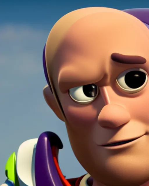 Image similar to Film still close-up shot of Jason Statham as Buzz Lightyear in the movie Toy Story 3. Photographic, photography