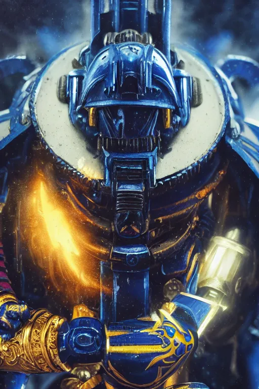 Image similar to a portrait of an ultramarine, space marine, warhammer 4 0 k setting, dynamic pose, intricate details, intricately detailed clothing, intricate textures, warm lighting, vivid colors, smoke and mist, realistic octane render, hyper realistic render, volumetric shading, depth of field, raytracing, 8 k,