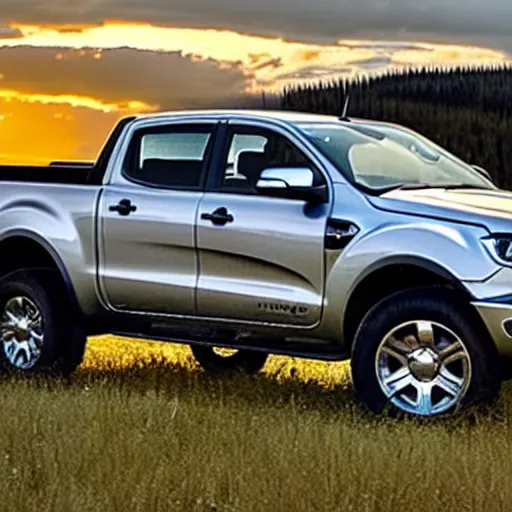 Prompt: a silver ford ranger in alberta at sunset