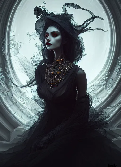 Prompt: portrait of an absurdly beautiful, graceful, sophisticated, fashionable dark witch, hyperdetailed illustration by irakli nadar and vania zouravliov, day - glow, unreal engine 5 highly rendered, global illumination, radiant light, detailed and intricate environment