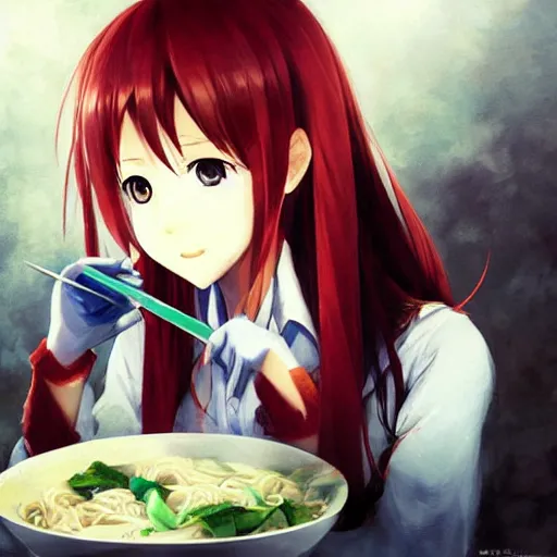 Prompt: Makise Kurisu eating noodles with fork,by ruan jia and huke,trending on pixiv