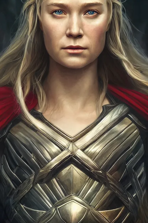 Image similar to Majestic and regal portrait of a female Thor, Marvel universe, Perfect face, beautiful, intricate, epic, elegant, menacing, fantasy, highly detailed, digital painting, hard focus, beautiful volumetric lighting, epic light, ultra detailed, by Leesha Hannigan, Ross Tran, Thierry Doizon, Kai Carpenter, Ignacio Fernández Ríos