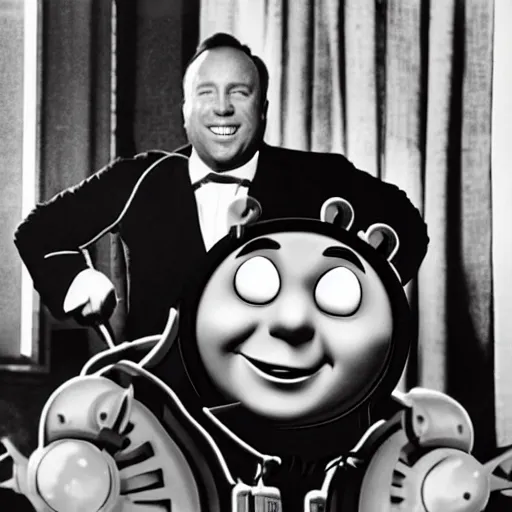 Prompt: alex jones is thomas the tank engine, cartoon, steamboat willy, monochrome 1920s