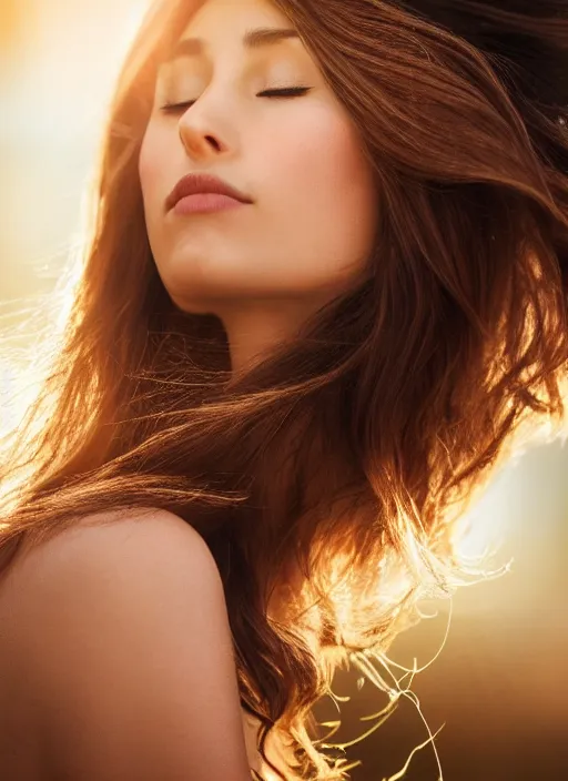 Image similar to a very beautiful still of a beautiful brown - haired woman with her head leaning backwards, golden ray of light across her face, eyes closed, front shot, close - up, hyper detailed, high contrast, bokeh background, realistic, digital art by irak linadar, sharp focus, golden, delicate, sunlight, dark background, 4 k