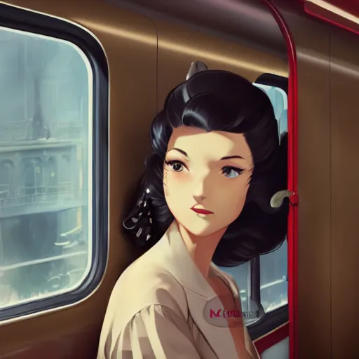 Image similar to portrait of a beautiful girl with dark hair dressed in 1940's fashion sitting in the interior of a train, looking through the window beside her, dieselpunk city outside of window, rich vivid colors, ambient lighting, dynamic lighting, 4k, HQ, official media, anime key visual, makoto shinkai, ilya kuvshinov, lois van baarle, rossdraws, detailed, trending on artstation