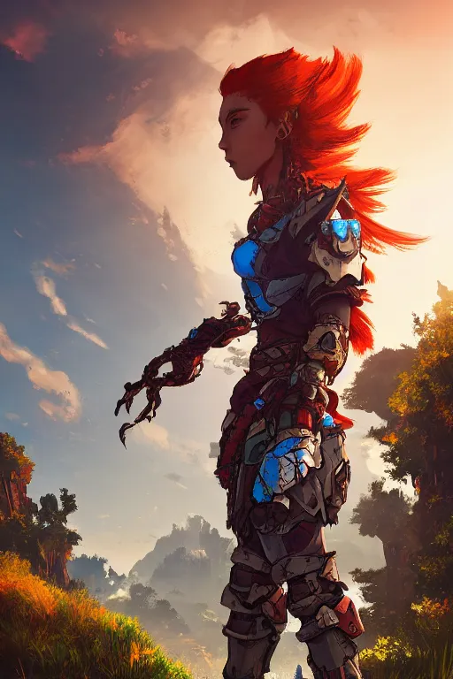 Image similar to combination suit armor aloy horizon forbidden west horizon zero dawn radiating a glowing aura global illumination ray tracing hdr fanart arstation by ian pesty and alena aenami artworks in 4 k tribal robot ninja mask helmet backpack