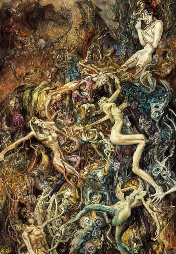 Image similar to colorful muscular eldritch bodies radiating town fractal, white bones, white skeletons, by h. r. giger and esao andrews and maria sibylla merian eugene delacroix, gustave dore, thomas moran, pop art, chiaroscuro, biopunk, art nouveau