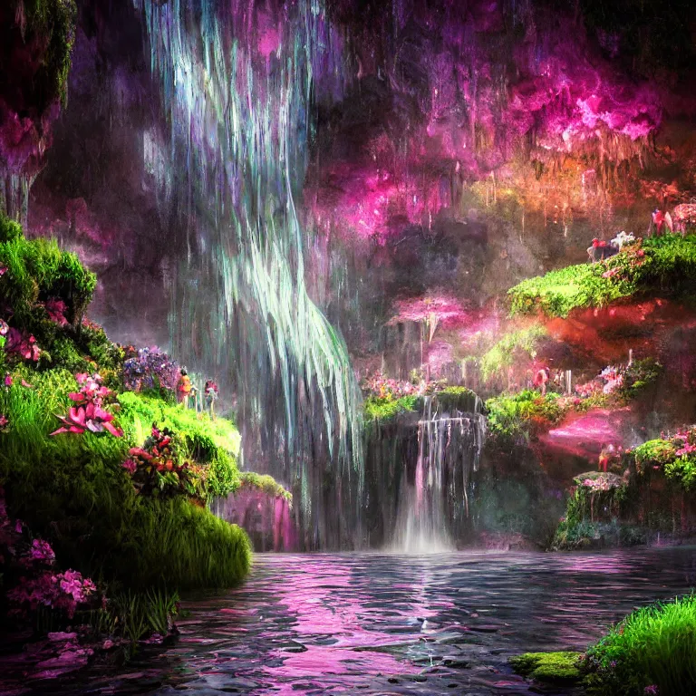 Image similar to oil painting, rich deep colors masterpiece, waterfall, night lights, gray, pink, ultra detailed, beautiful fantasy cave scene, waitomo glowworm caves, contrast, neon drops, neon stones, alone redheaded flower girl and dress made of fresh flowers, volumetric light, atmospheric lighting, dramatic, cinematic, moody, octane render 4 k, 8 k