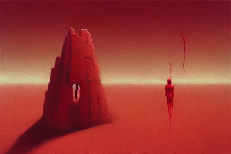 Image similar to only with red, red god of death eat apple, a futuristic city on mars in the background, red worms on the floor, in the style of beksinski, part by hopper, part by rodcenko, part by hofbauer, intricate composition, red by caravaggio, insanely quality, highly detailed, masterpiece, red light, artstation, 8 k