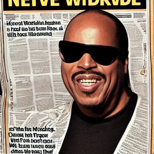 Prompt: Stevie wonder reading the newspaper looking intrigued, cover magazine, photo
