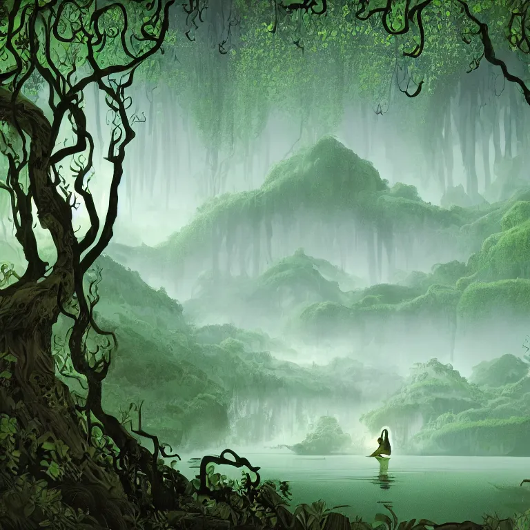 Image similar to concept art of a person in a body of water surrounded by trees, lush vines, a detailed matte painting by eyvind earle, featured on deviantart, fantasy art, matte painting, enchanting