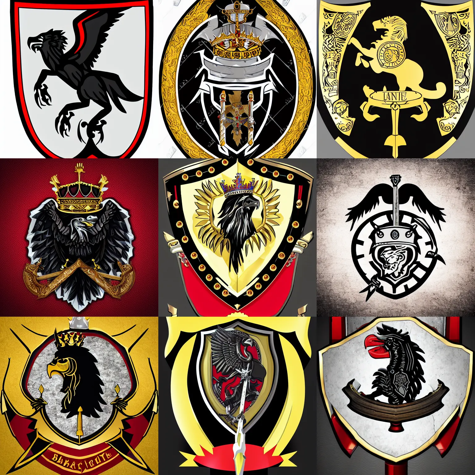 Prompt: black eagle on a knight shield on which stands a knight helmet which has a crown on from which comes a red lion with sword and crown, logo design