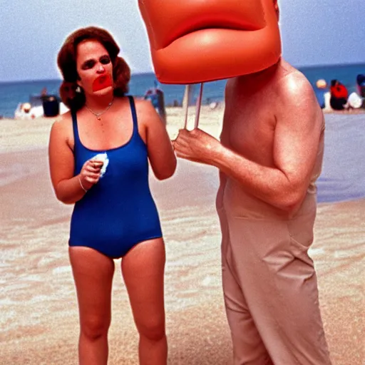 Image similar to 1981 woman on tv show wearing a squishy inflatable prosthetic mask long stick nose, soft color wearing a swimsuit at the beach 1981 color film 16mm holding a an inflatable animal Fellini John Waters Russ Meyer Doris Wishman old photo