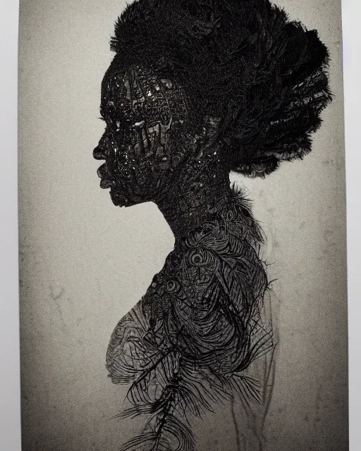 Prompt: a black woman's face in profile, made of intricate feathers, in the style of the dutch masters and gregory crewdson, dark and moody