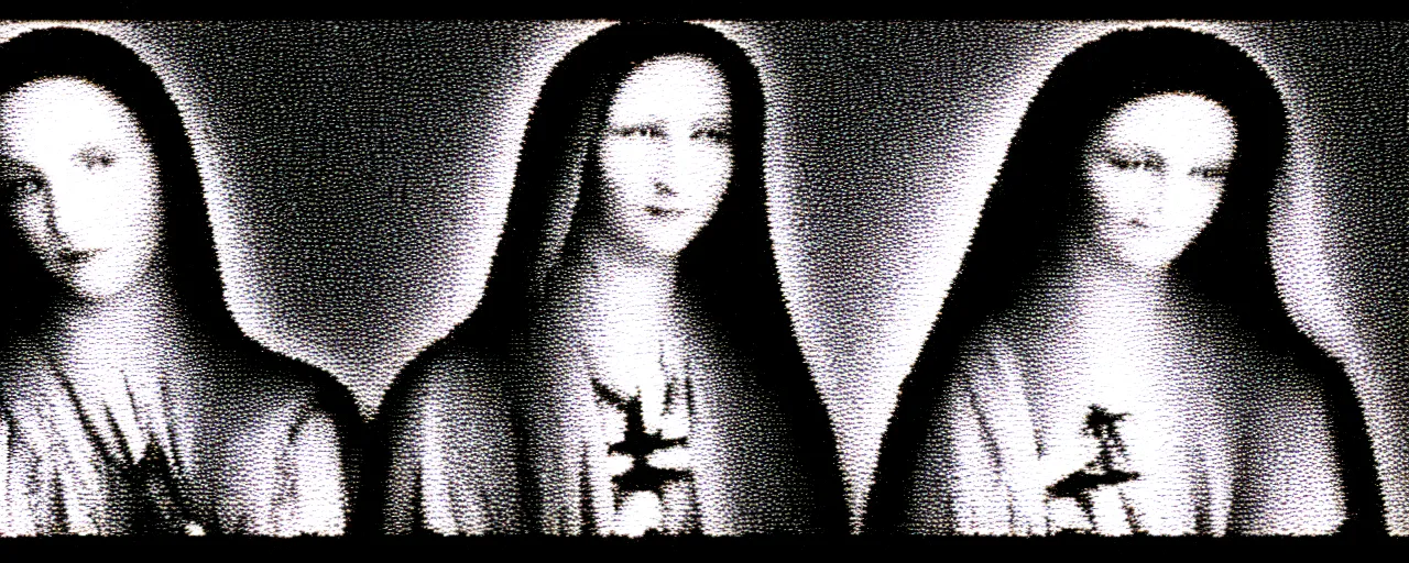 Image similar to vhs static overlay of marian apparition, vhs, 1 9 9 0, highly realistic, highly detailed, vhs noise static, black and white, vhs glitch