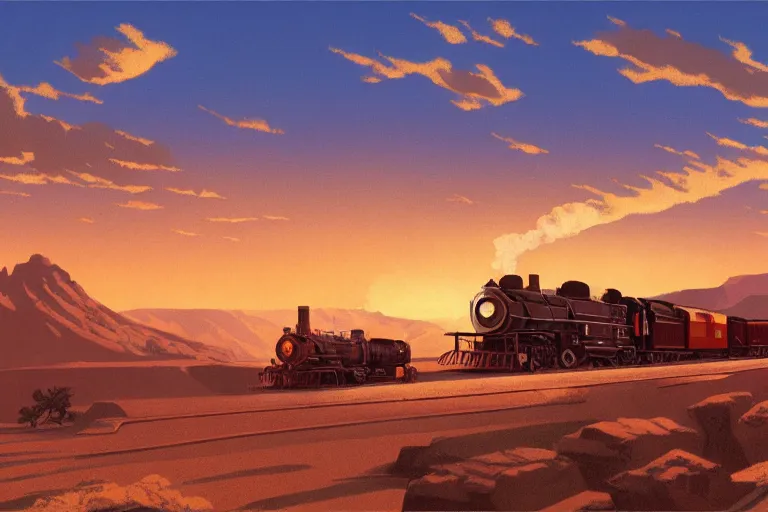 Image similar to idyllic old western freight train illustration by syd mead, artstation, 4 k, graphic novel, concept art, matte painting, steam engine spewing billowy white clouds of steam, beautiful mountain desert sunset background, golden hour