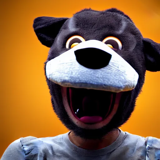 Prompt: photograph of a man with a fursuit head begging for food, 8k resolution, high detail, ULTRA REALISTIC VFX, reflections